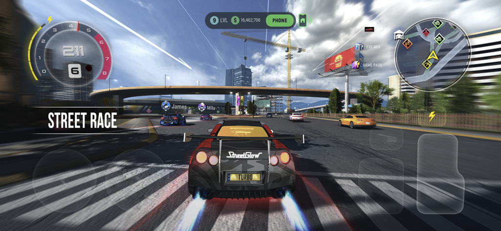 Turbo Tornado: Open World Race - A customized sports car with blue exhaust flames racing through an open world city during a street race.