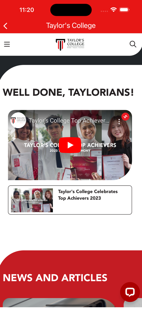 Taylor's Mobile - Taylor's Mobile app news section featuring top achievers and student articles