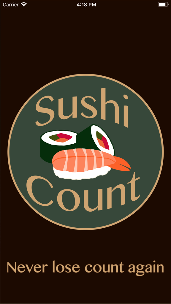 Sushi Count - Splash screen for Sushi Count app featuring a logo with sushi illustrations and the slogan Never lose count again