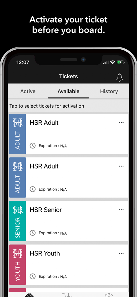 Interface of the PRESTO E-Tickets app displaying available transit tickets for HSR