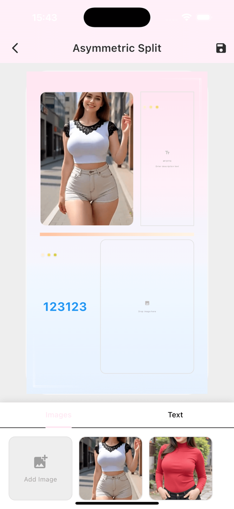 Miru- - Interface de l'application Miru montrant un modèle de mise en page à division asymétrique pour la création d'affiches esthétiques pour les réseaux sociaux
