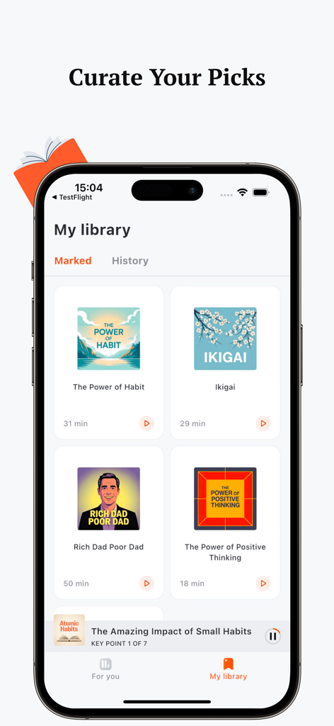 Screenshot della libreria dell'app BookCast che mostra riassunti curati di libri come The Power of Habit e Ikigai