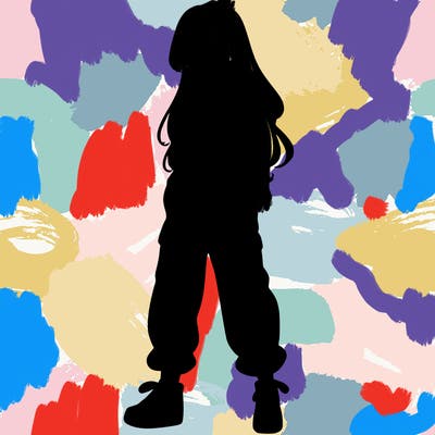 girl in baggy pants crop top and long hair