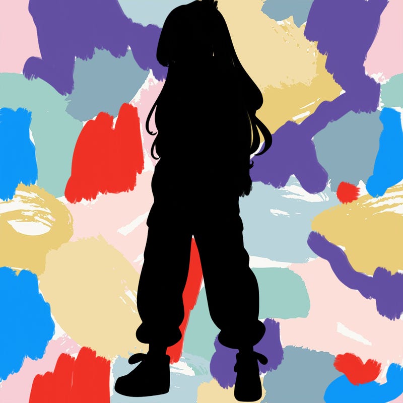 girl in baggy pants crop top and long hair