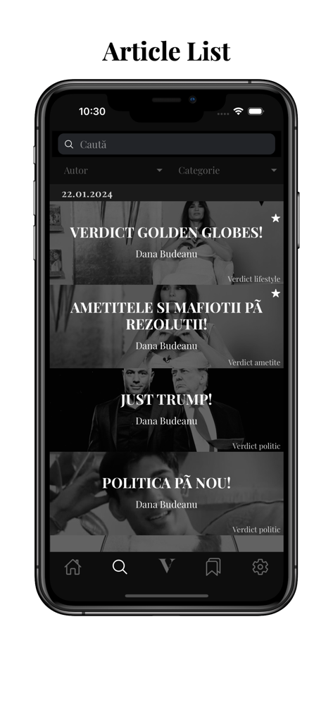 Article list screen of the Verdict Dana Budeanu app showing lifestyle and political content categories