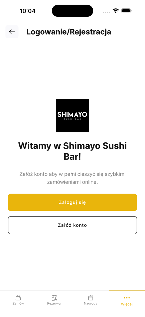 Shimayo Sushi Bar mobile app login and registration screen