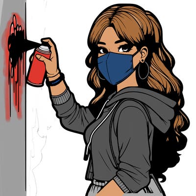 realistic girl with mask spray painting a wall