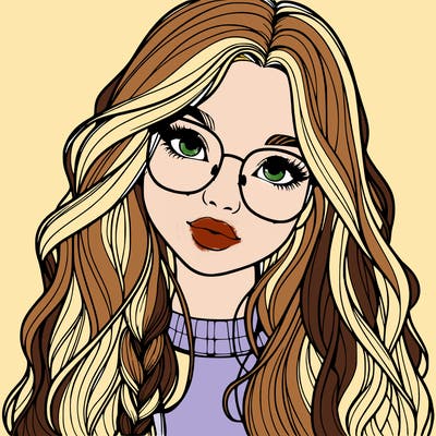 girl with long hair and freckles and glasses realistic