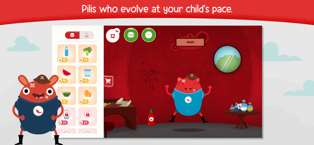 Pantalla de juego de la aplicación Pili Pop Español que muestra al personaje Nono y un menú de vocabulario de comida