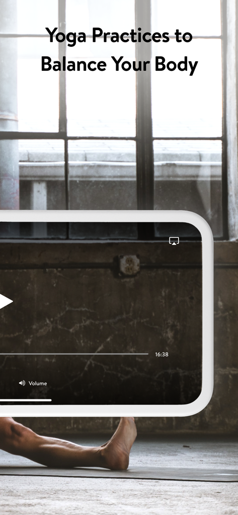 Asana Rebel: Get in Shape - Interfaz de la aplicación Asana Rebel que muestra prácticas de yoga para equilibrar tu cuerpo con un reproductor de video.