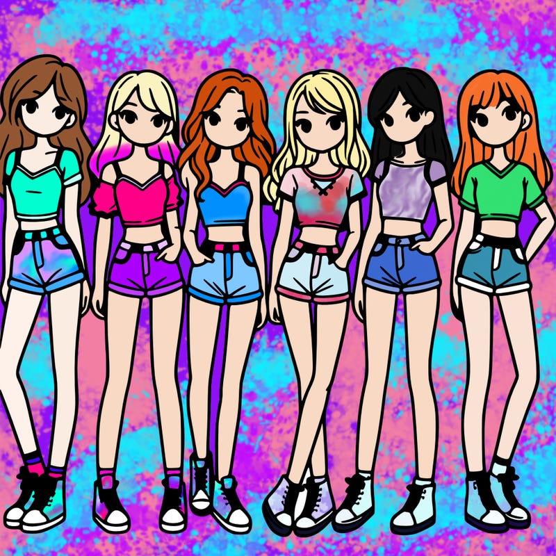 a group of girls wearing crop tops and shorts