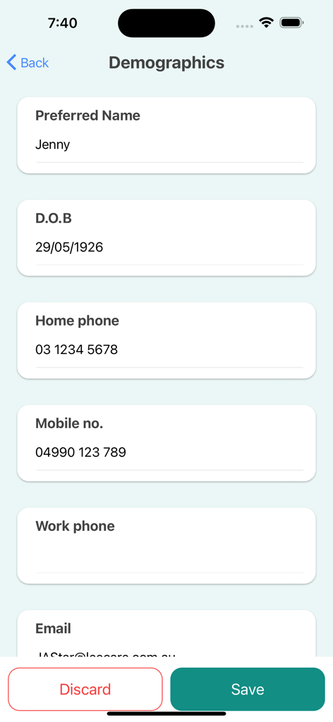 Screenshot of the demographics profile form in the Leecare P6MyCarePlan app showing fields for name date of birth and contact information
