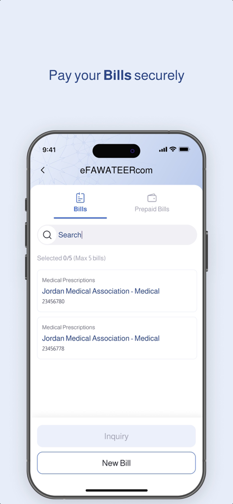 Arabi Islami Mobile - Interfaz de la aplicación Arabi Islami Mobile para pagos de facturas seguros a través de eFAWATEERcom.