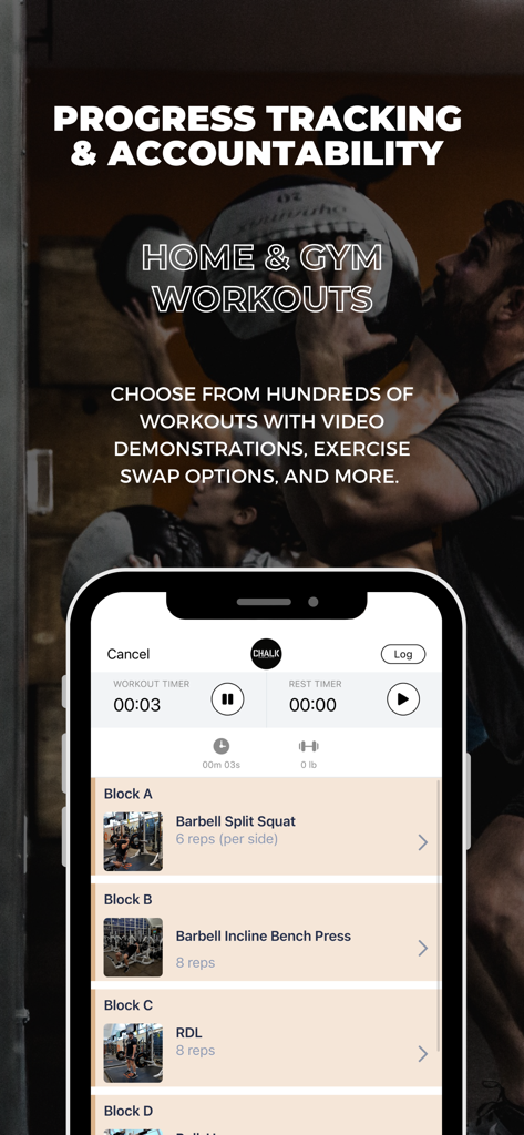 Chalk Performance Training app interface showing a detailed workout log for progress tracking and gym exercises.