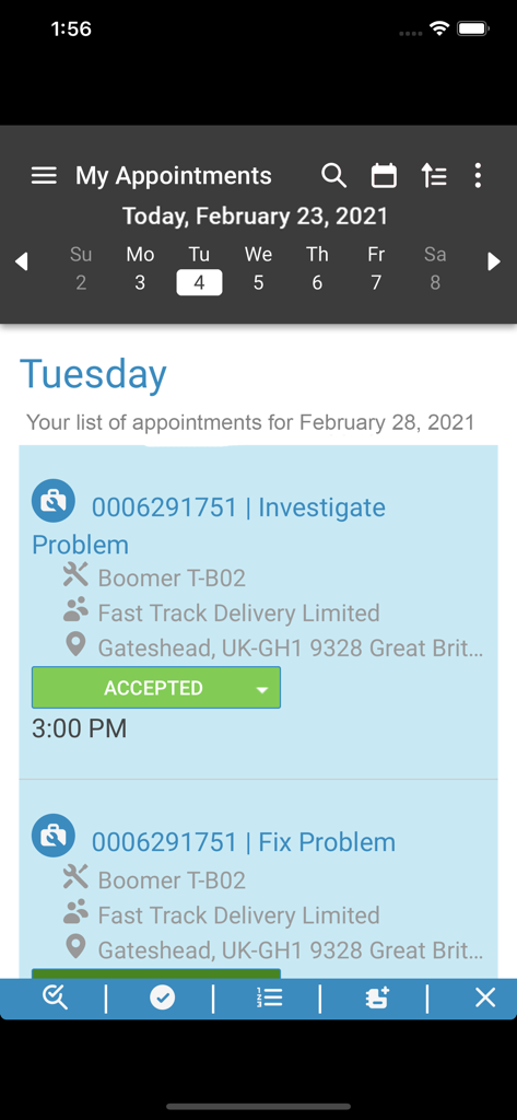Infor MFS Cloud - Infor MFS Cloud My Appointments screen showing a list of service jobs and task details.