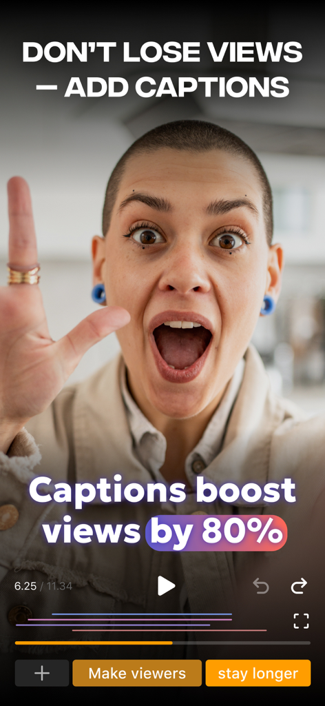 Verba: Captions & Video Editor - Interfaz de la app Verba que muestra que los subtítulos aumentan las visualizaciones de video en un 80 por ciento