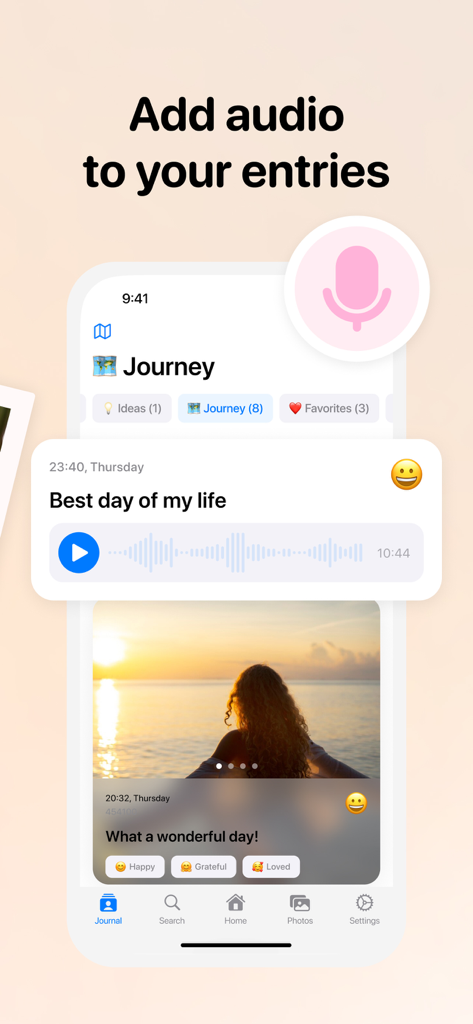 Secret Diary with Lock - Muse - Interfaz de la aplicación Muse Journal que muestra grabaciones de audio y entradas de fotos