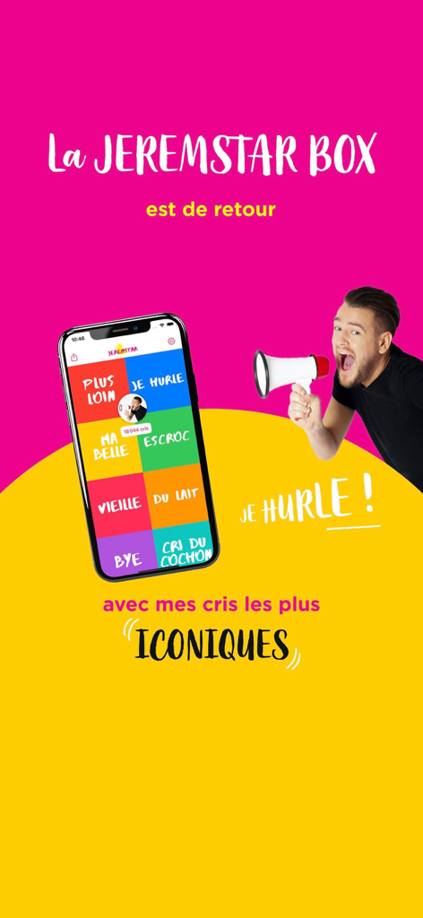 Jeremstar Box mobile app interface featuring a colorful soundboard with iconic screams and catchphrases