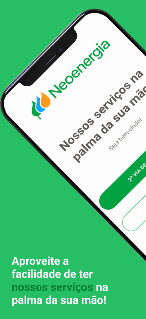 Neoenergia SA - Neoenergia SA mobile app welcome screen on a smartphone with a green background.