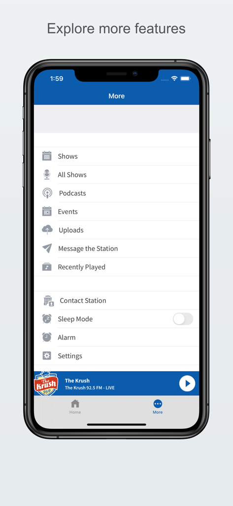 The Krush 95.9 - The Krush 95.9 mobile app features menu screen showing podcasts and station settings