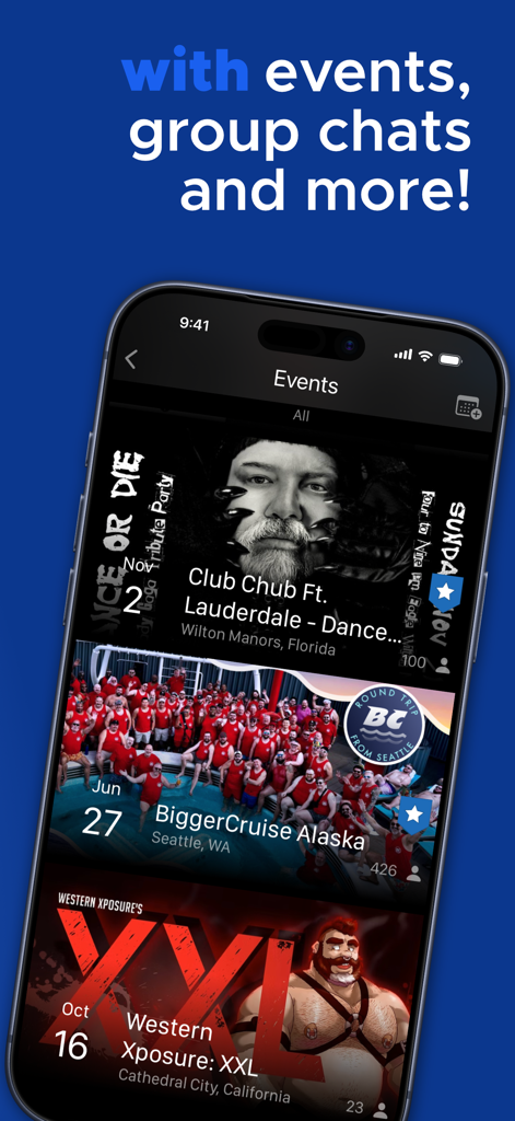 BiggerCity mobile app screen showing upcoming social events and community gatherings for gay men