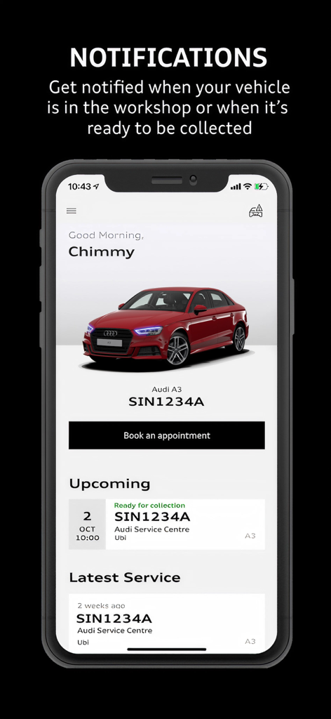 Interfaz de la aplicación móvil Audi Service SG que muestra un Audi A3 rojo y notificaciones del estado de mantenimiento del vehículo.
