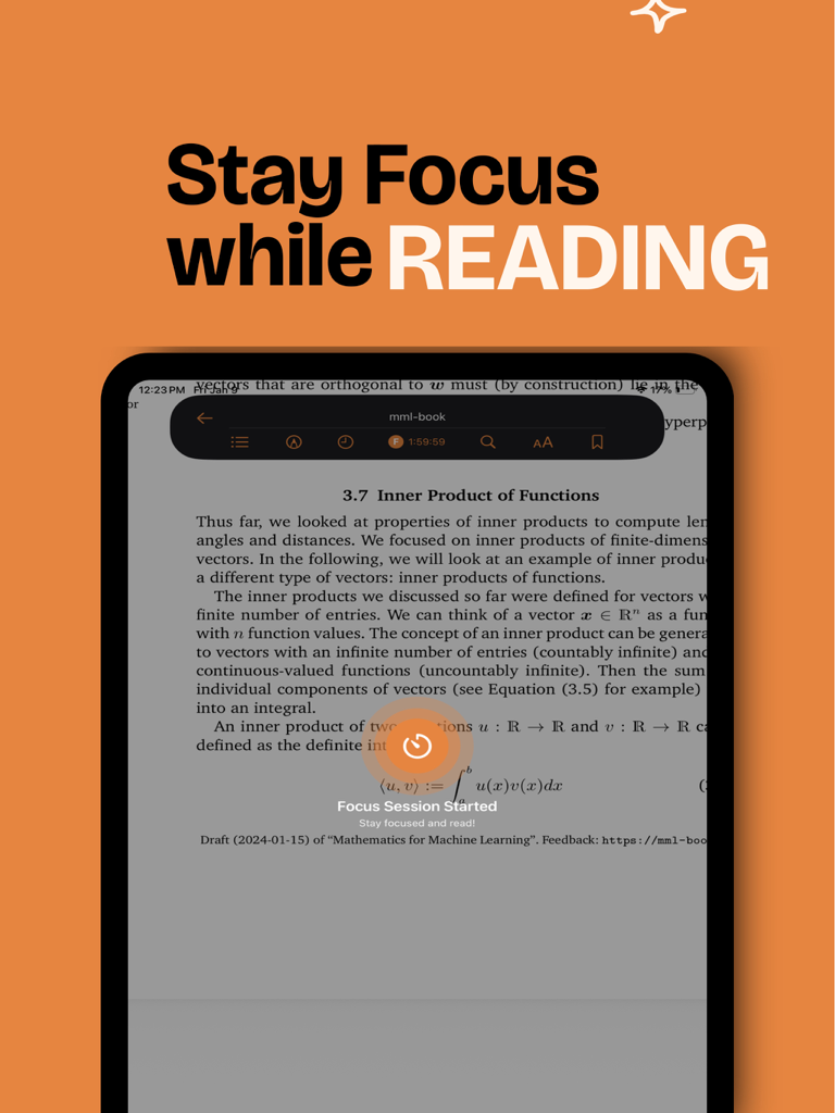 Fulora: Reader & Book Tracker - Fulora app focus session started while reading a technical document on iPad