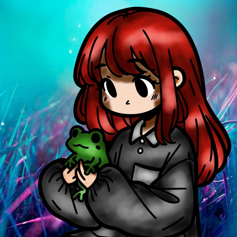 girl with long hair and a oversized shirt. and she is holding a frog