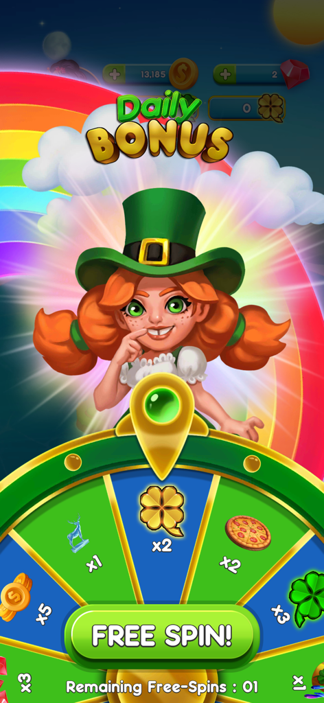 Planet Bingo Quickplay - A daily bonus prize wheel featuring a leprechaun character and rewards in the Planet Bingo Quickplay app.
