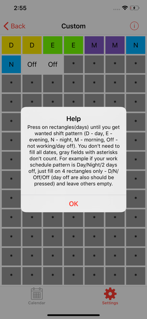 Flexitime - Flexitime app help screen showing instructions for setting up a custom shift pattern with color coded blocks.