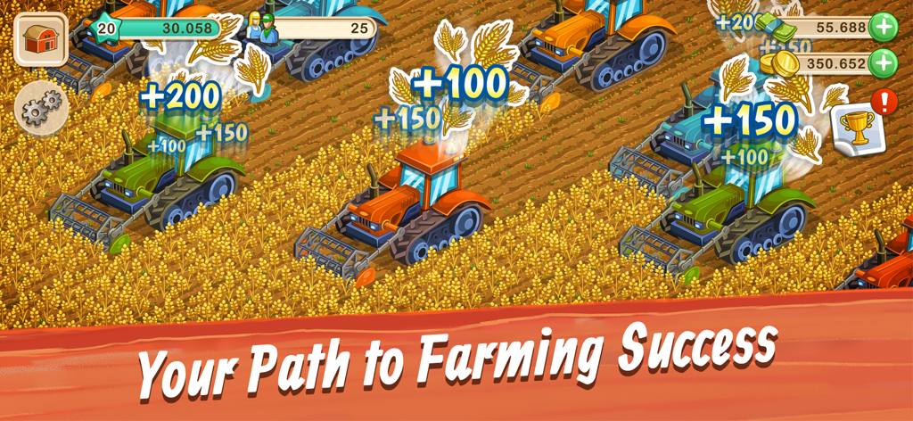 Big Farm: Mobile Harvest - Big Farm Mobile Harvestゲームで小麦畑を収穫するトラクター、リソースアイコンが表示されている