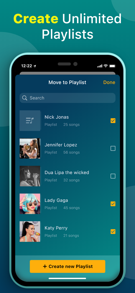 Interface de l'application de lecteur de musique montrant la fonctionnalité de création de listes de lecture illimitées et l'écran de sélection de déplacement vers la liste de lecture
