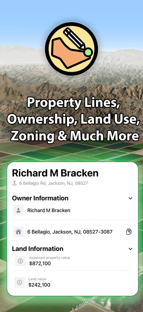 Property Survey GPS - Property Survey GPS app interface showing land ownership information and property values