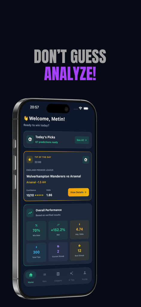 Mobile app dashboard for Betting Tips showing daily football picks and performance metrics like ROI and win rate