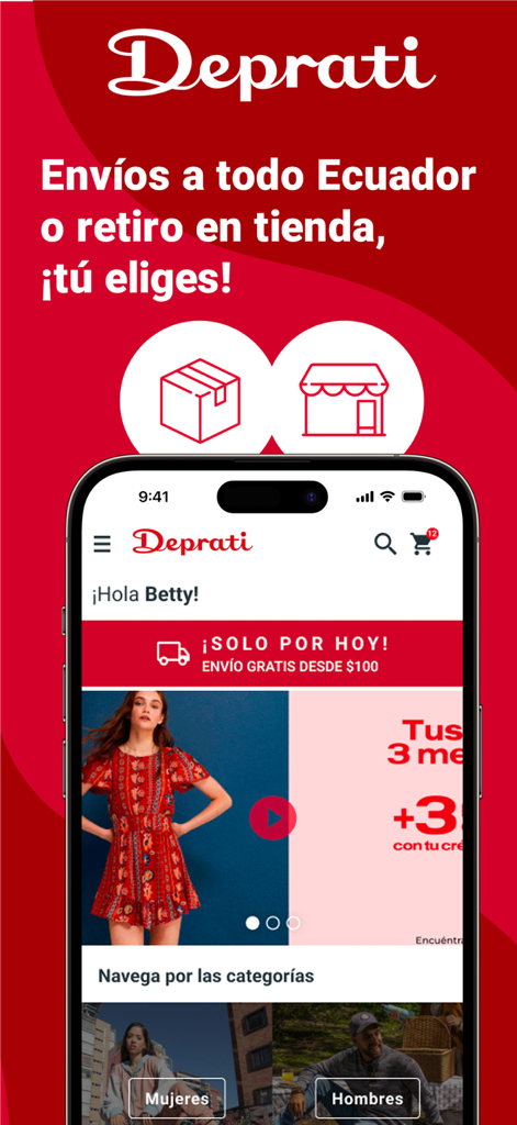 Deprati: Compras Online - Écran d'accueil de l'application mobile Deprati avec options d'expédition et catégories d'achats de mode