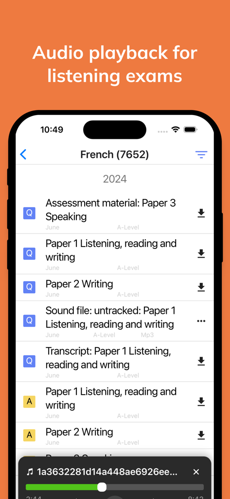 フランス語のリスニング試験の音声再生を示すMy Past Papersアプリのインターフェース