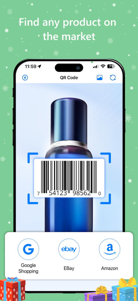 QR Code & Barcode Reader © - Interface of QR Code and Barcode Reader app scanning a product barcode for price comparison on Google Shopping, eBay and Amazon