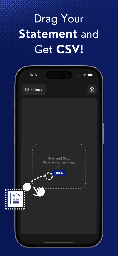 US PDF Bank Statements to CSV - Mobile app interface showing how to drag and drop a bank statement to convert it from PDF to CSV