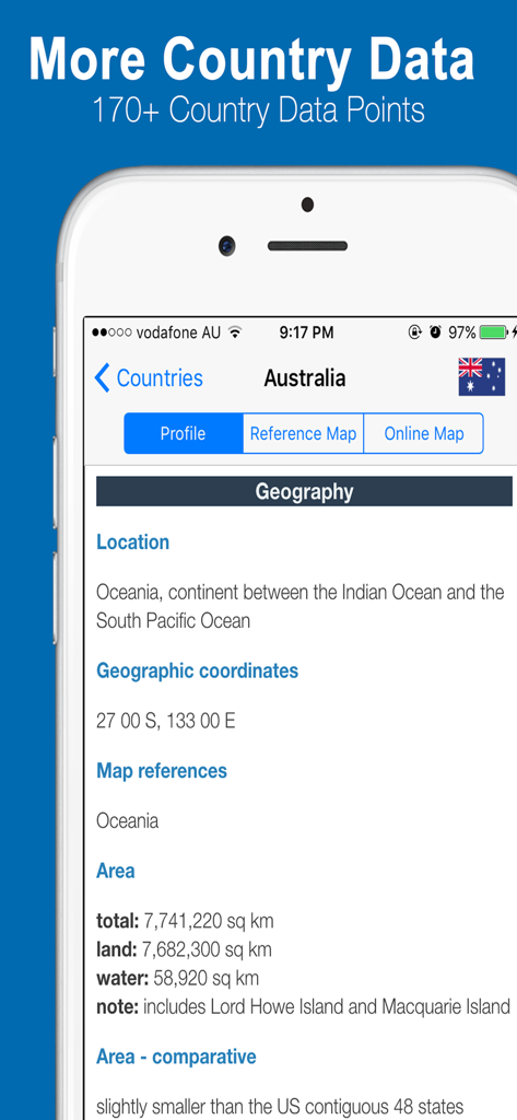 A mobile app interface of World Factbook Pro showing detailed geography information for Australia.