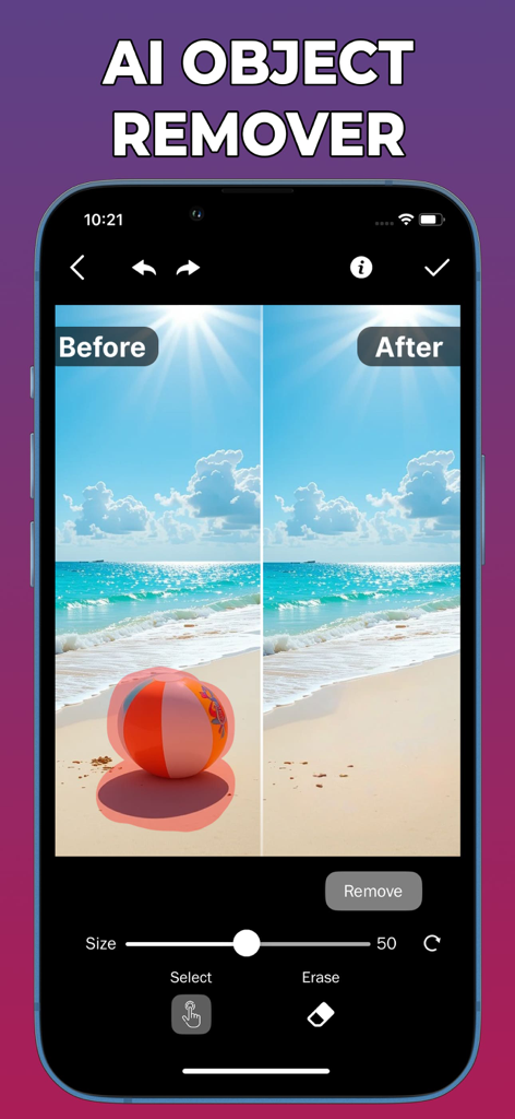 BG Remove: Background Editor - Comparación de antes y después de una herramienta de IA eliminando una pelota de playa de una escena de playa