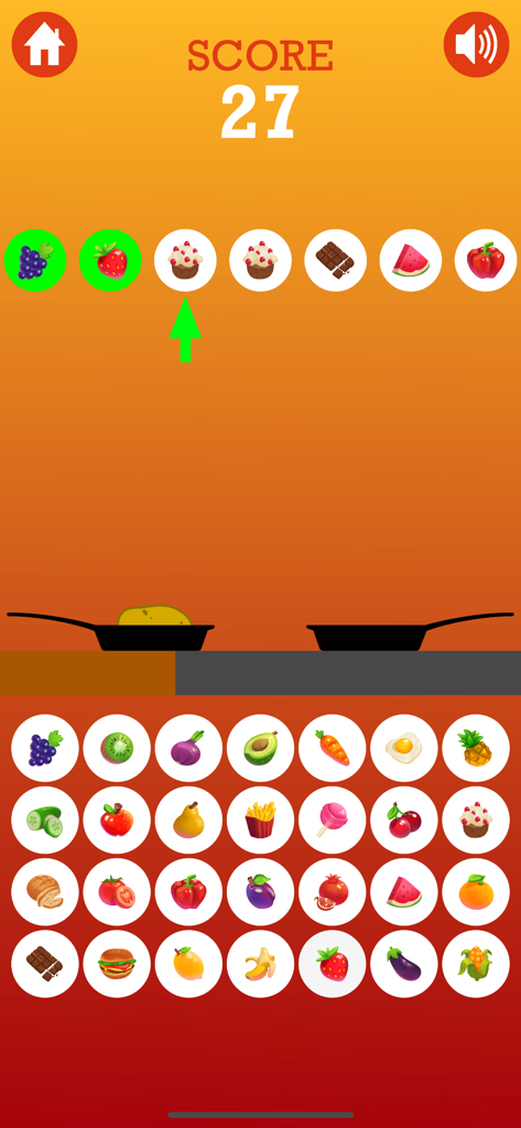 Captura de pantalla del juego Juego de la Papa Caliente mostrando un patrón de iconos de comida y una cuadrícula de coincidencia