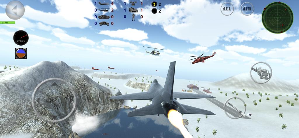 Fighter 3D Multiplayer - A 3D jet fighter flying over a snowy mountain landscape with helicopters in an air combat game