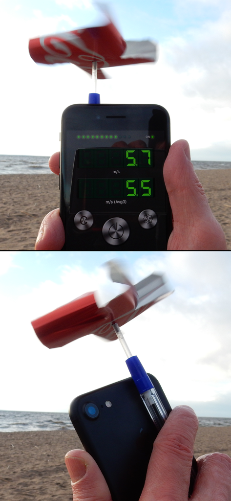 DIY wind meter made with an iPhone and a soda can turbine measuring wind speed on a beach