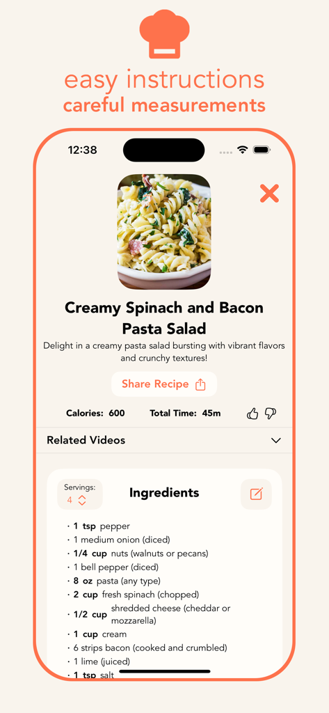ChefApp - AI Recipe Creator - Pantalla móvil de ChefApp mostrando una receta de ensalada de pasta cremosa de espinacas y tocino con ingredientes e información nutricional.