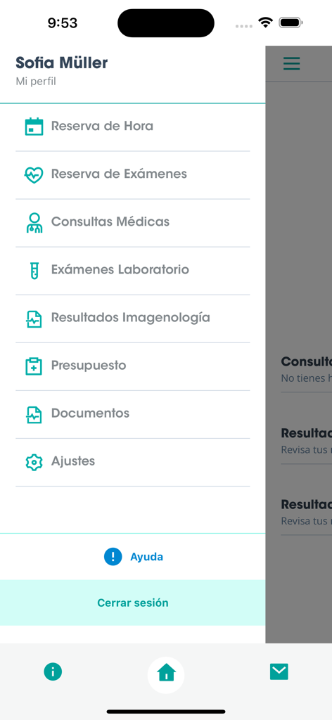 Clínica Ciudad del Mar - Menú de navegación de la app médica Clinica Ciudad del Mar que muestra opciones para agendar citas y ver resultados de laboratorio