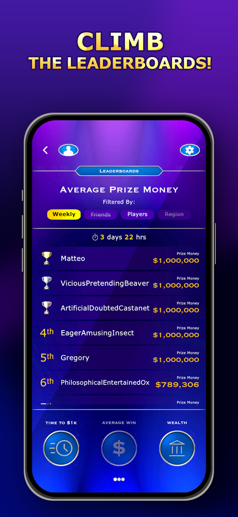 Who Wants to Be a Millionaire app leaderboard showing player rankings for average prize money