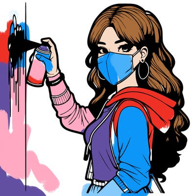 realistic girl with mask spray painting a wall