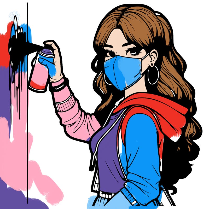 realistic girl with mask spray painting a wall