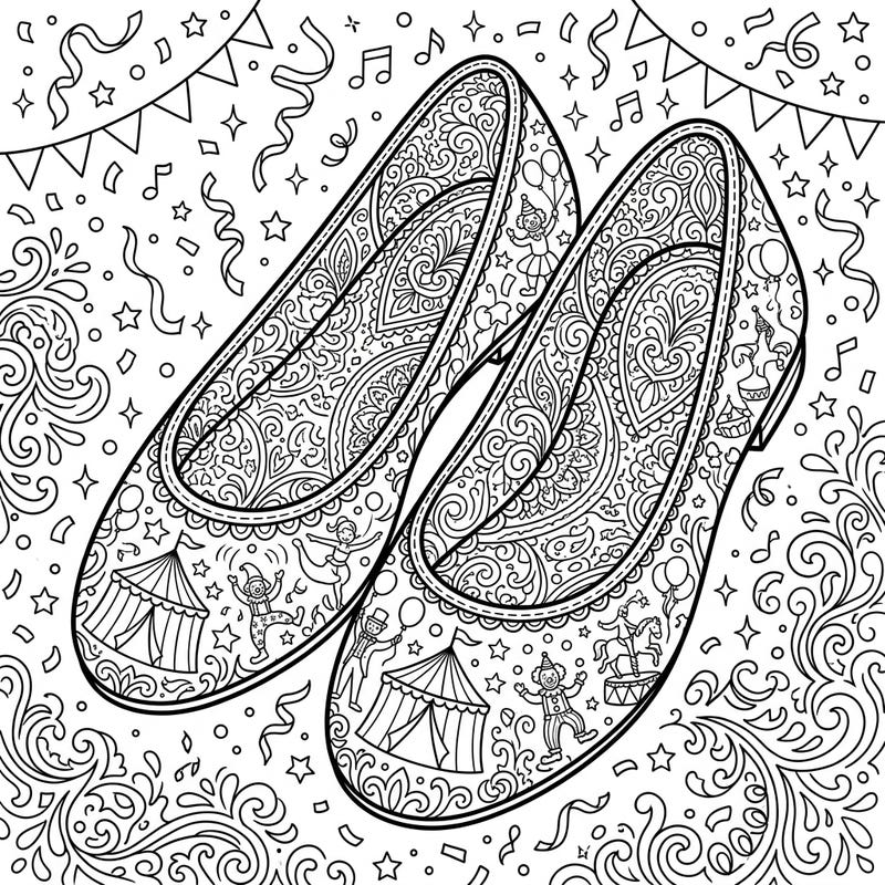 Delight in the intricate details of our Carnival Flats adult coloring page, featuring elegant shoes adorned with whimsical circus scenes. This detailed design invites you to step into the magical world of the big top with your favorite colors.