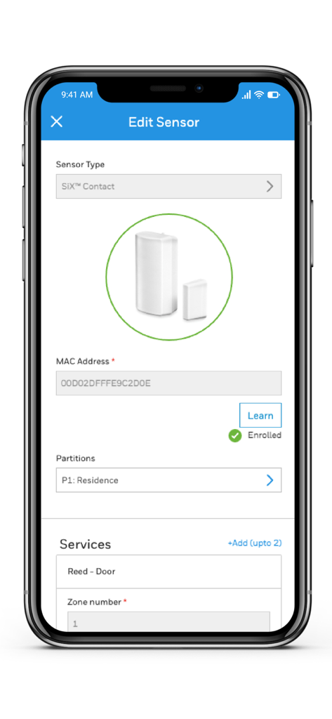 Interfaz de la aplicación AlarmNet 360 que muestra la configuración del sensor de seguridad para técnicos profesionales